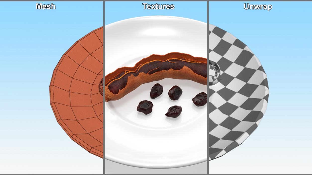 3D Opened Pod of Tamarind Fruit on White Plate model