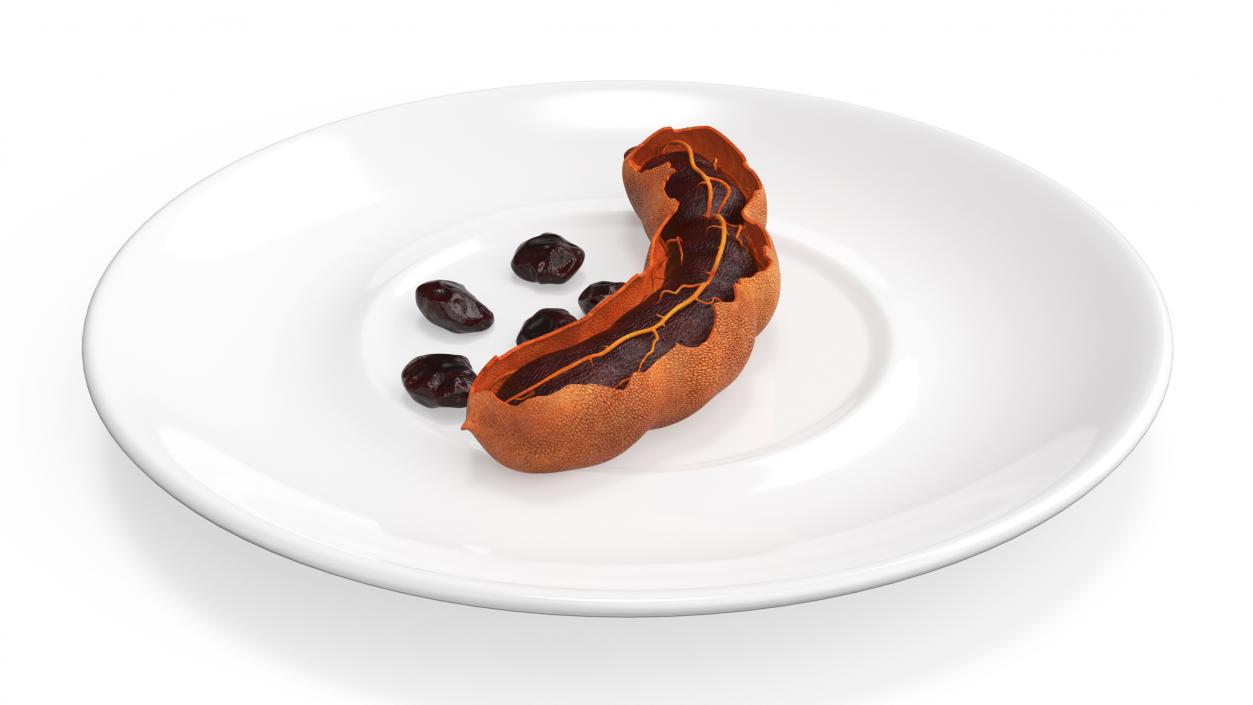 3D Opened Pod of Tamarind Fruit on White Plate model