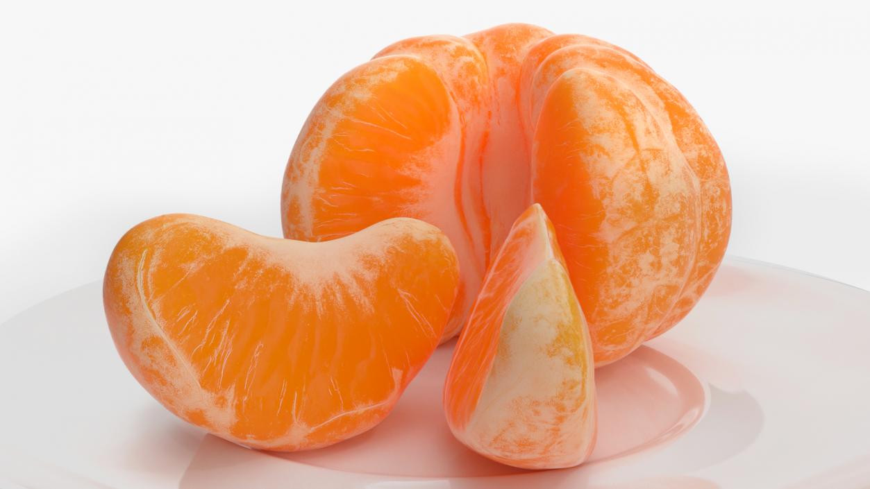 3D model Peeled Mandarin Split into Segments on White Plate