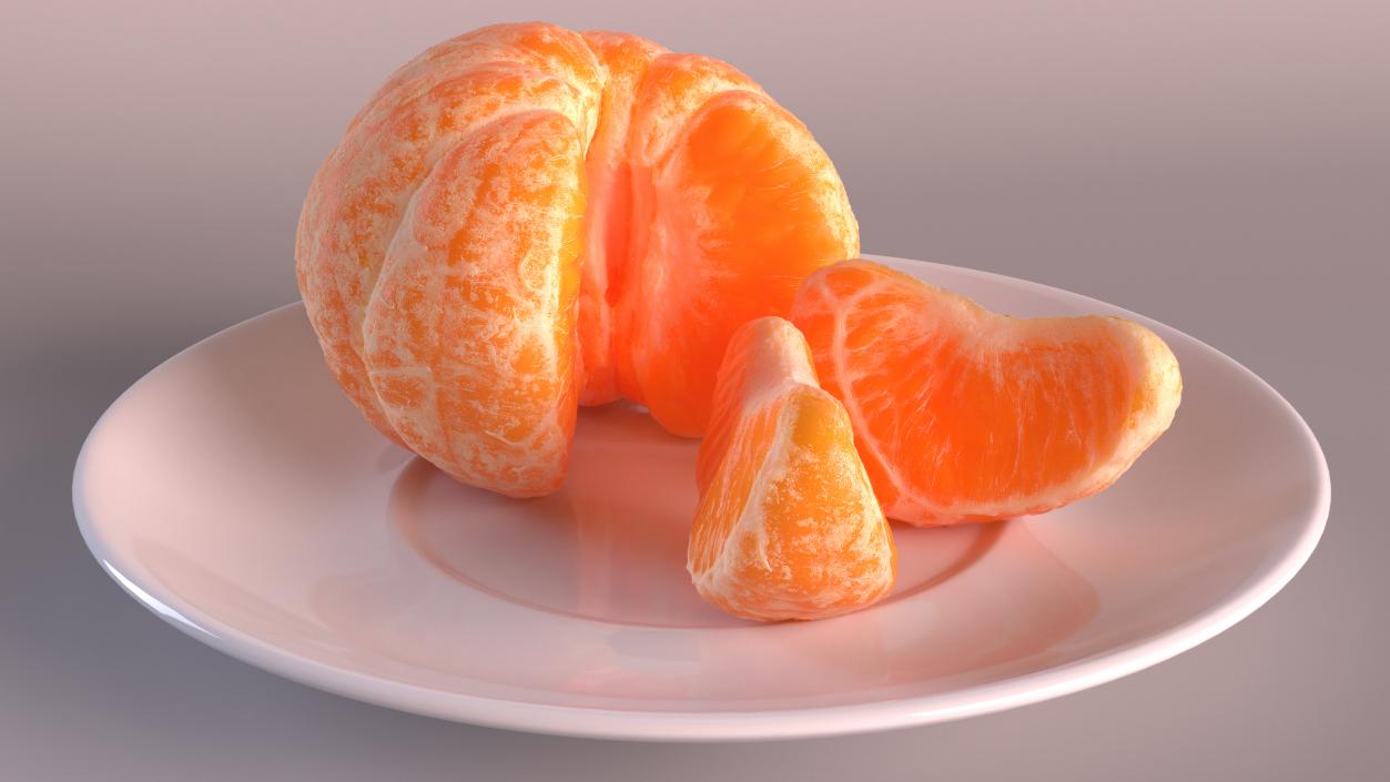 3D model Peeled Mandarin Split into Segments on White Plate