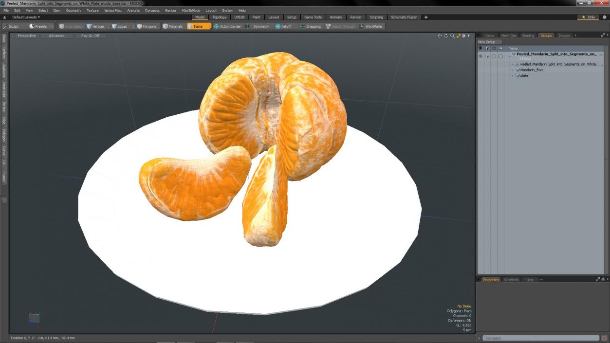 3D model Peeled Mandarin Split into Segments on White Plate