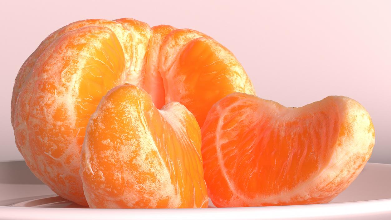 3D model Peeled Mandarin Split into Segments on White Plate