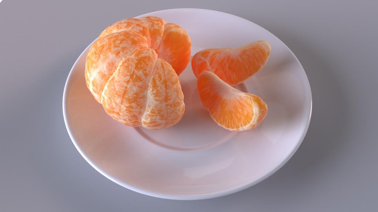 3D model Peeled Mandarin Split into Segments on White Plate