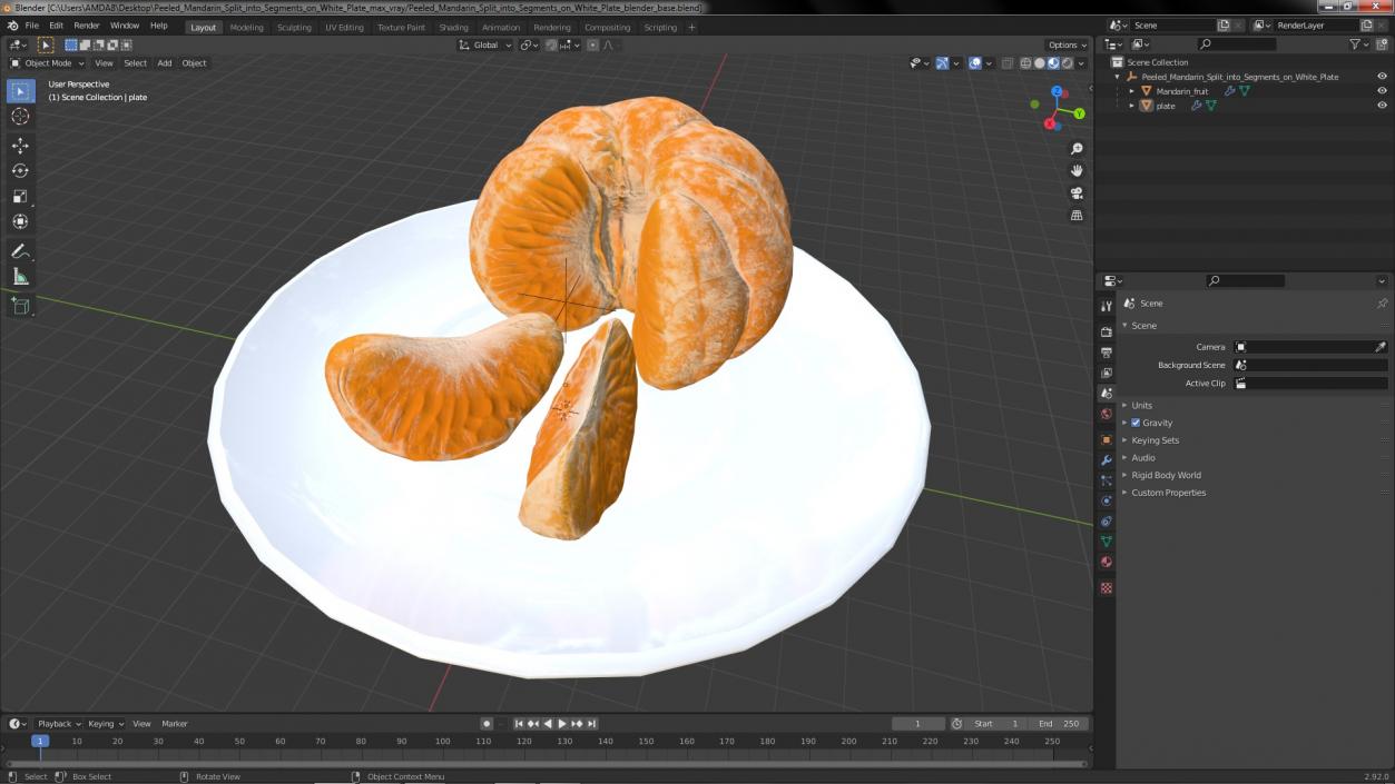 3D model Peeled Mandarin Split into Segments on White Plate