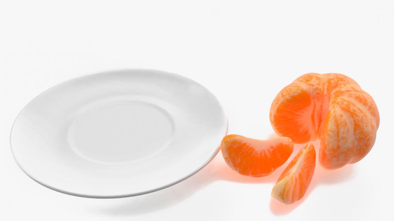 3D model Peeled Mandarin Split into Segments on White Plate