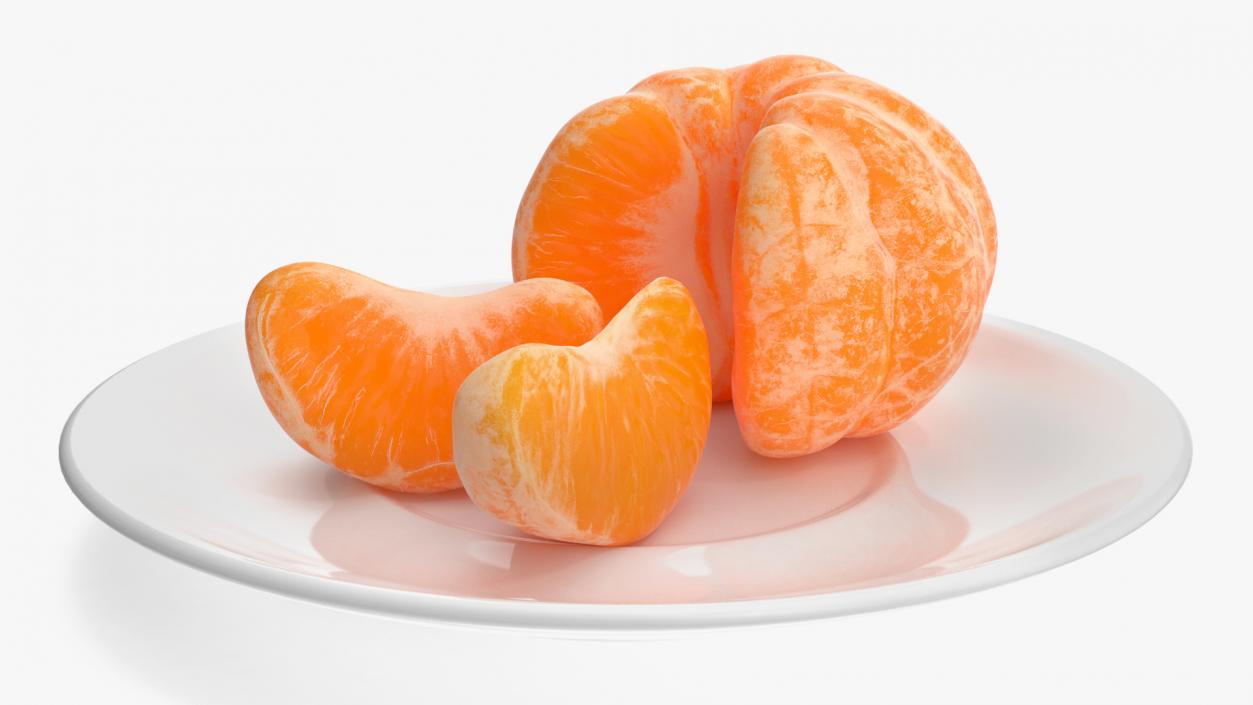 3D model Peeled Mandarin Split into Segments on White Plate