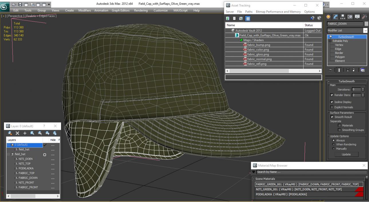 3D model Field Cap with Earflaps Olive Green