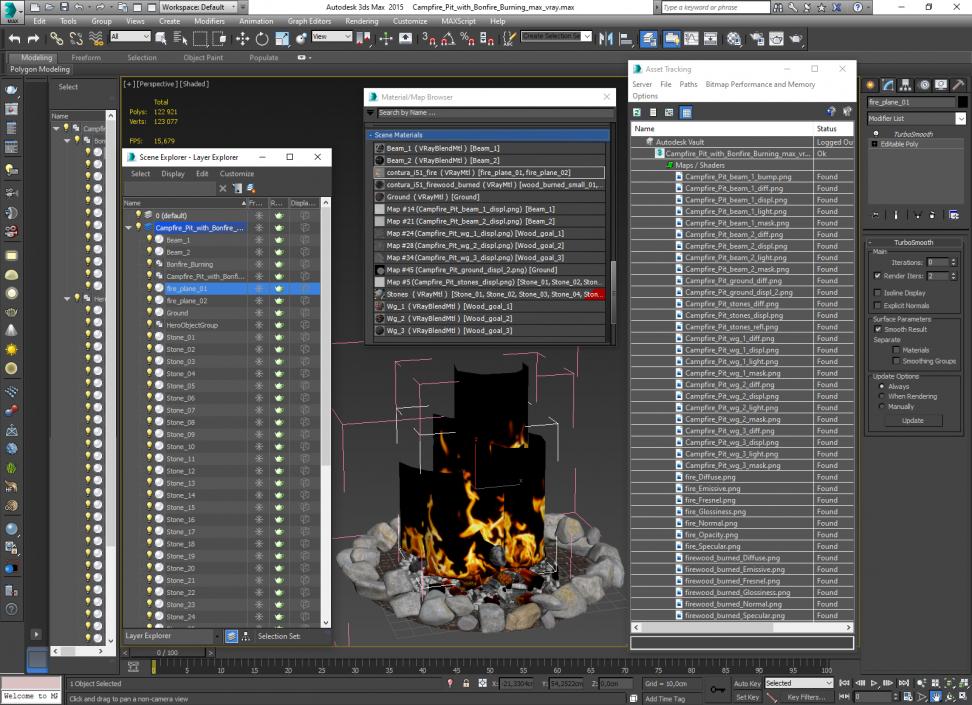 3D Campfire Pit with Bonfire Burning model