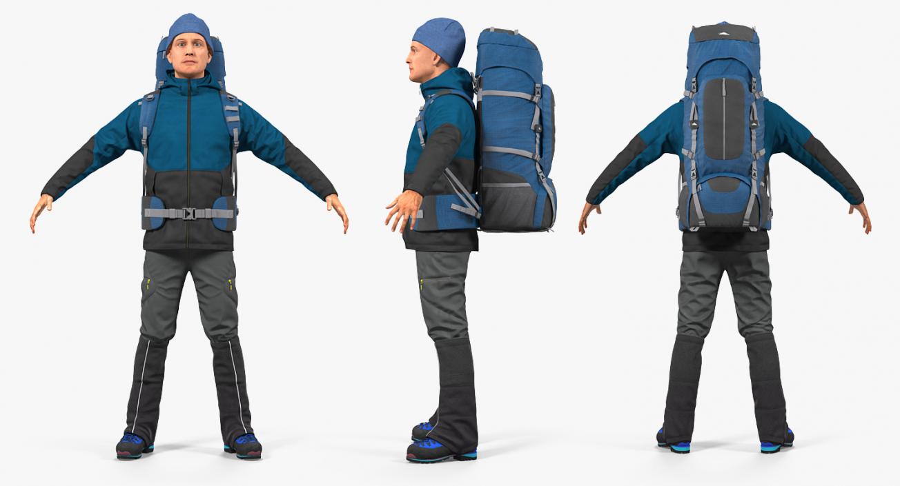 3D Winter Hiking Clothes Man with Backpack Rigged