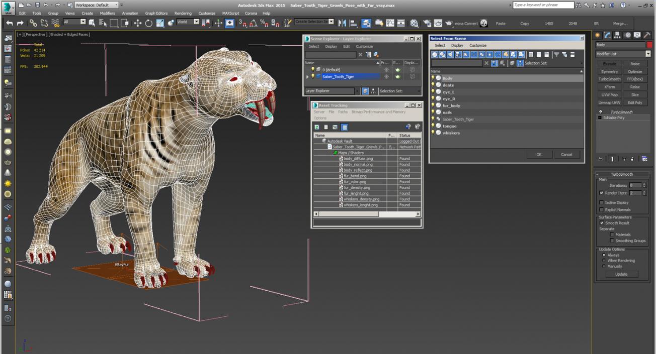 3D Saber Tooth Tiger Growls Pose with Fur model