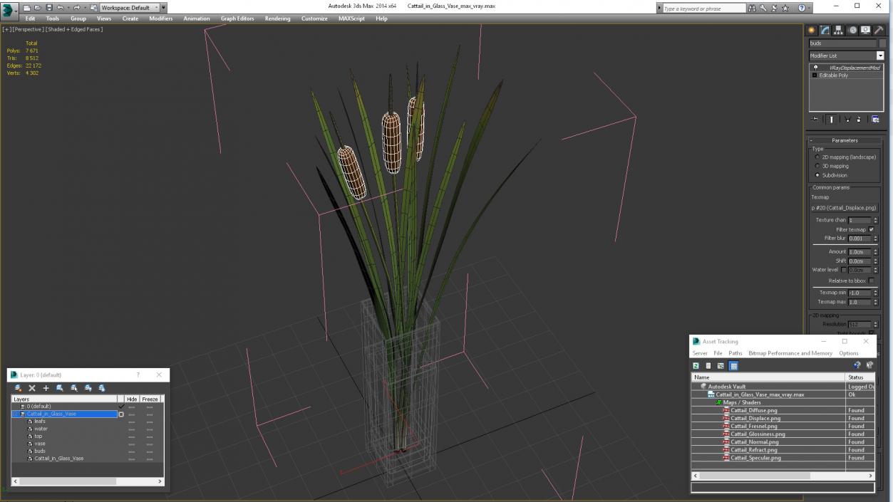 3D Cattail in Glass Vase