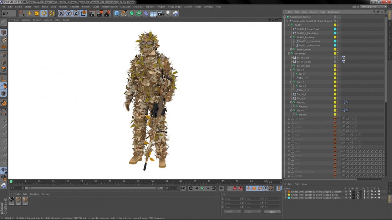 Sniper with Barrett 98 Bravo Rigged for Cinema 4D 3D model