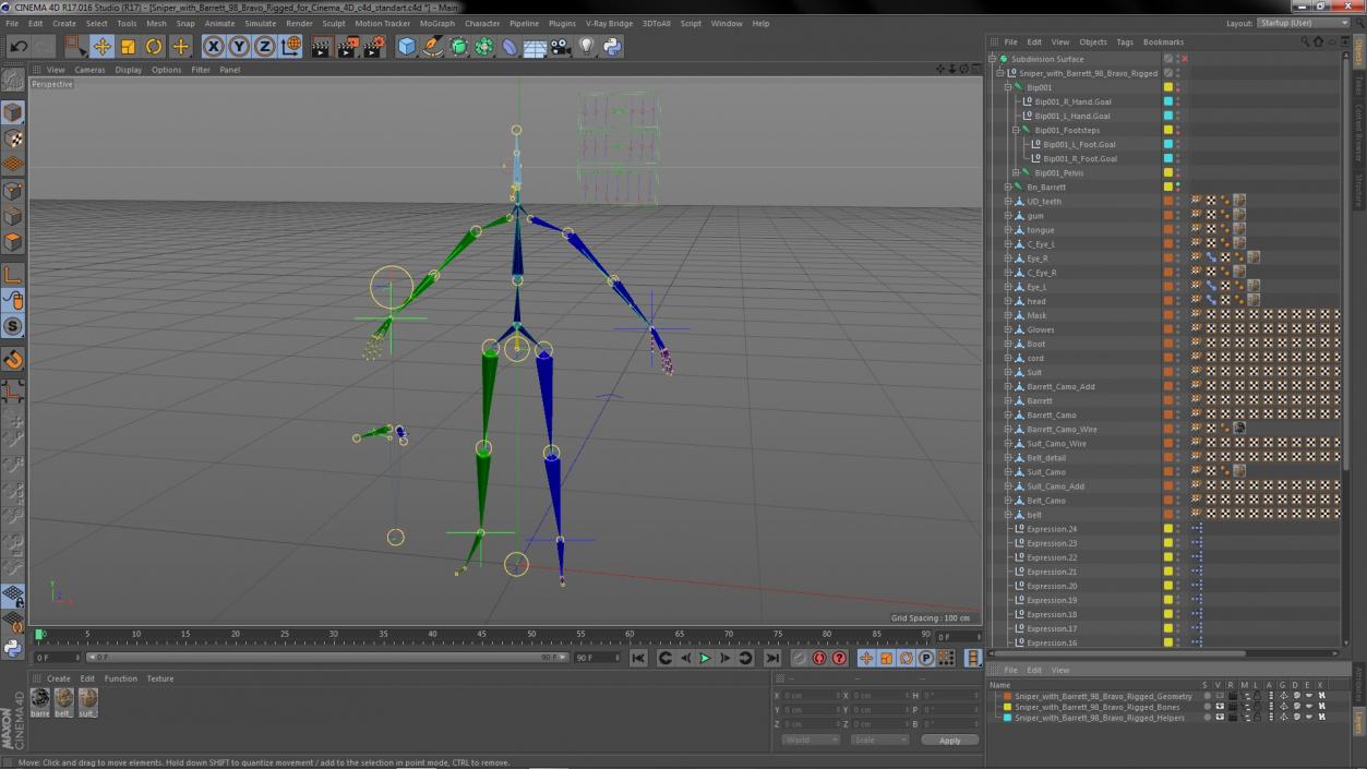 Sniper with Barrett 98 Bravo Rigged for Cinema 4D 3D model