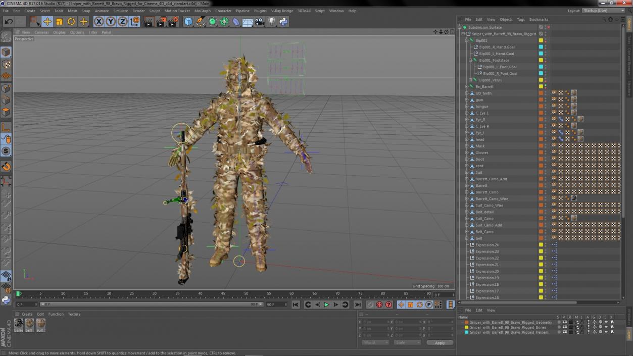 Sniper with Barrett 98 Bravo Rigged for Cinema 4D 3D model