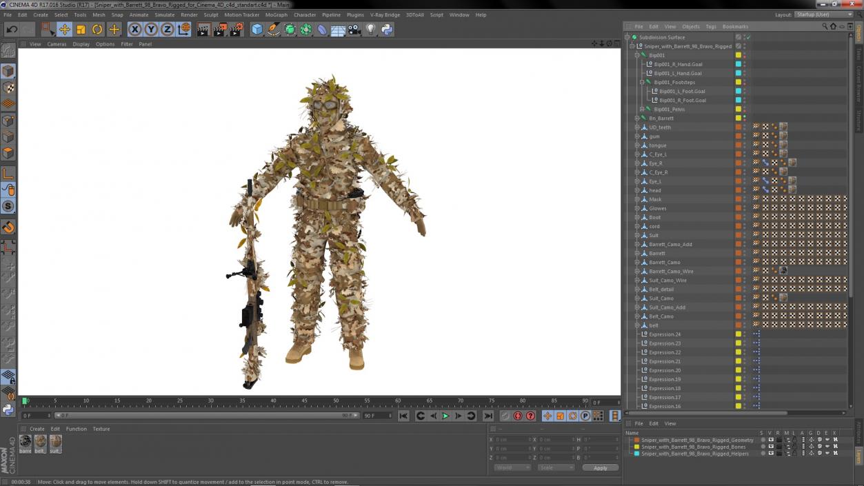 Sniper with Barrett 98 Bravo Rigged for Cinema 4D 3D model