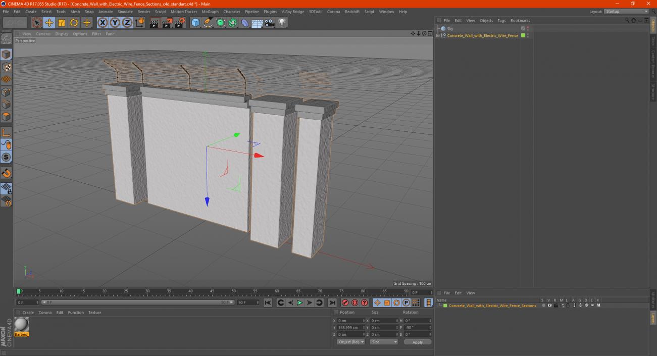 Concrete Wall with Electric Wire Fence Sections 3D