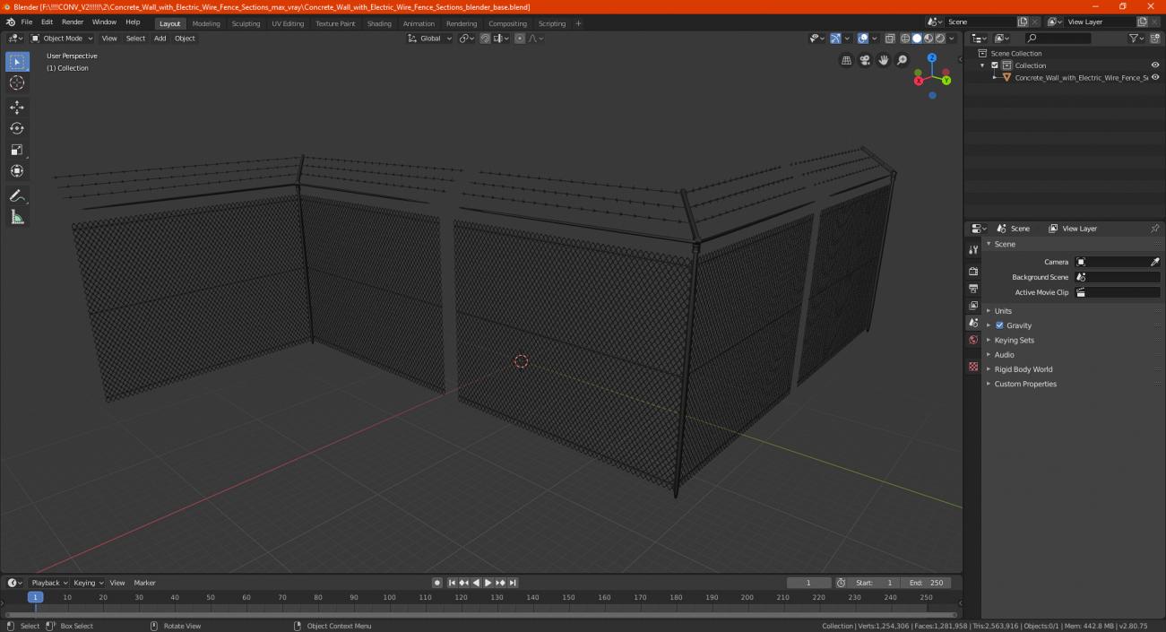 Concrete Wall with Electric Wire Fence Sections 3D