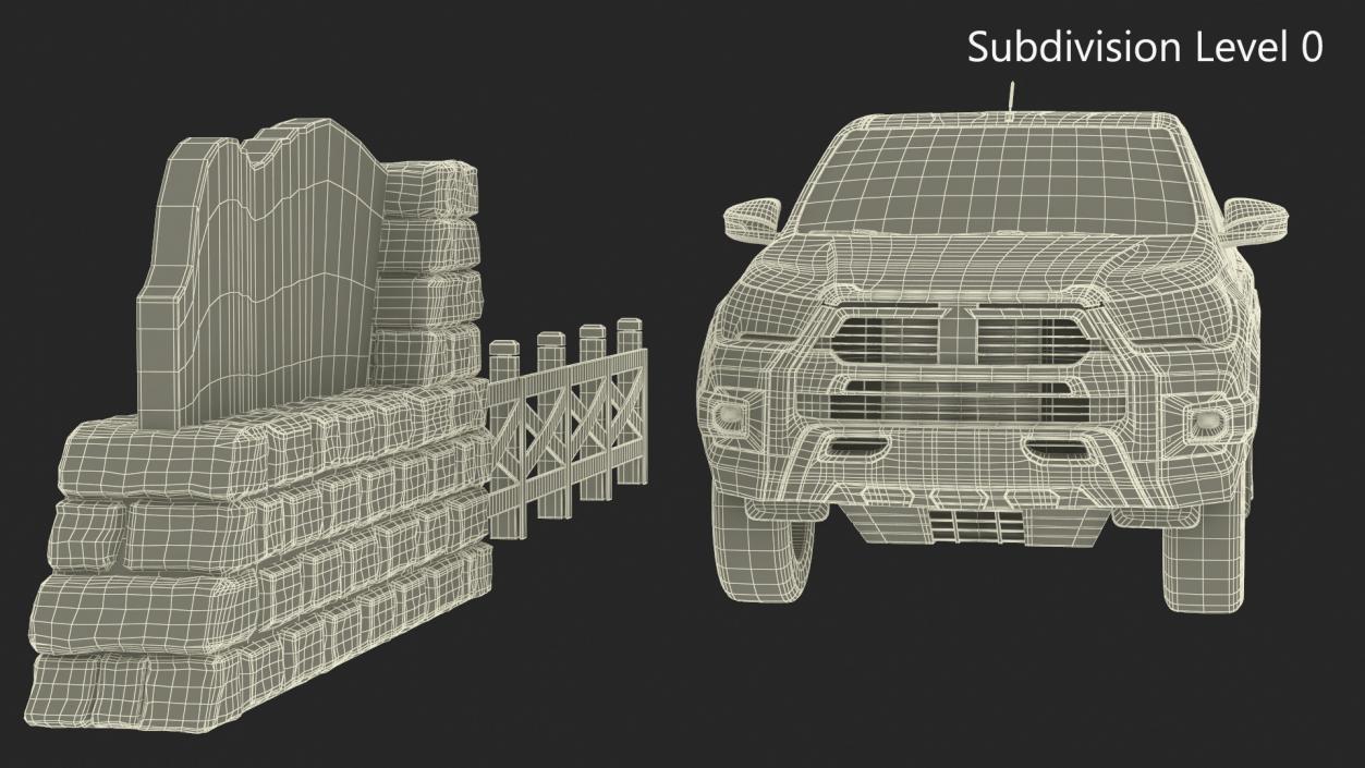 Stone Gateway Monument and Pickup Truck 3D model