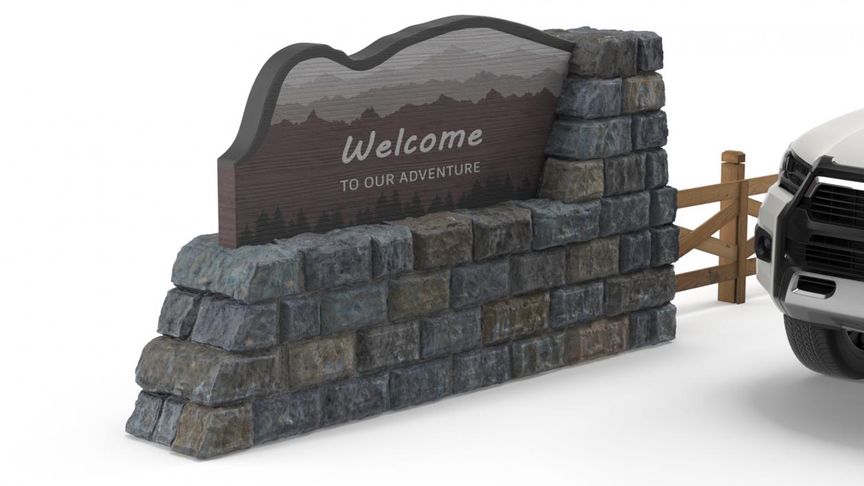 Stone Gateway Monument and Pickup Truck 3D model