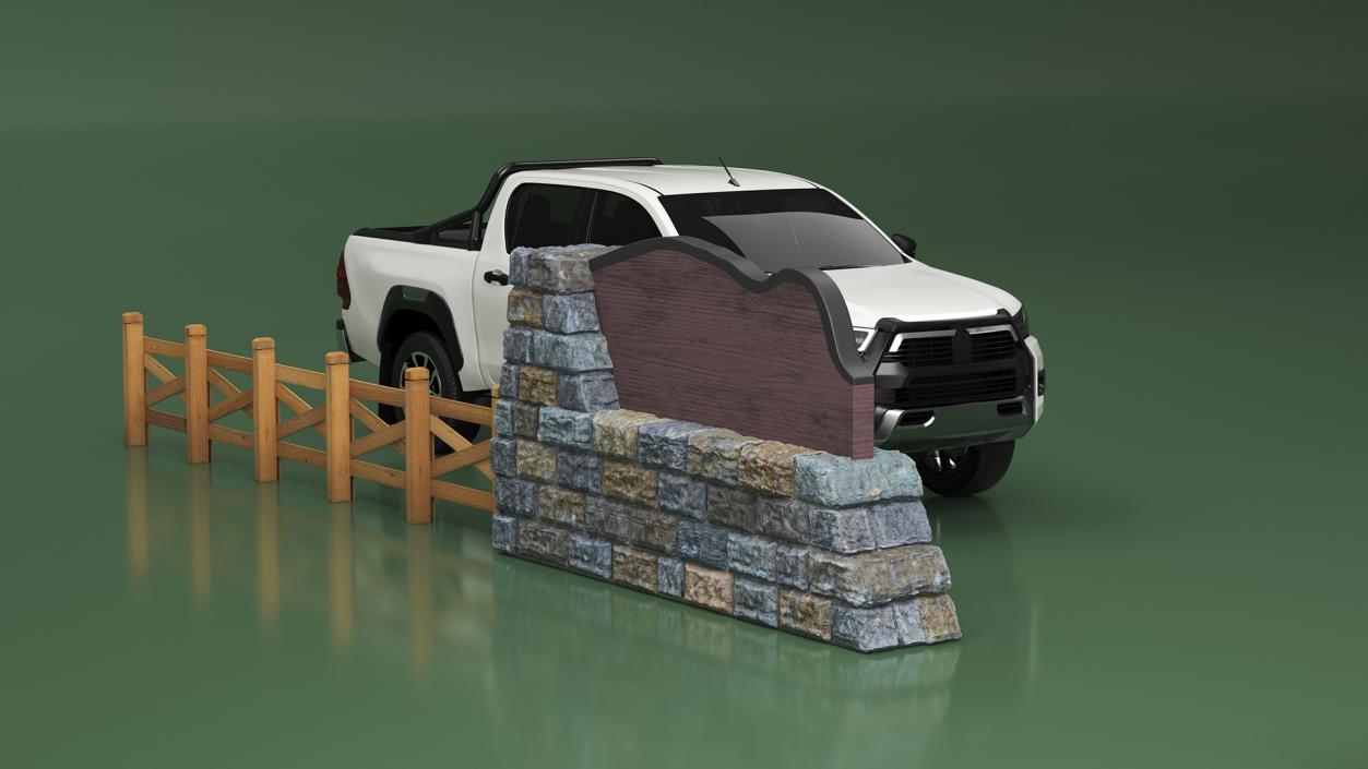 Stone Gateway Monument and Pickup Truck 3D model