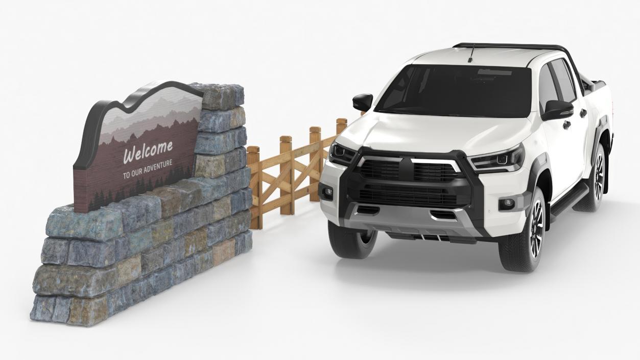 Stone Gateway Monument and Pickup Truck 3D model