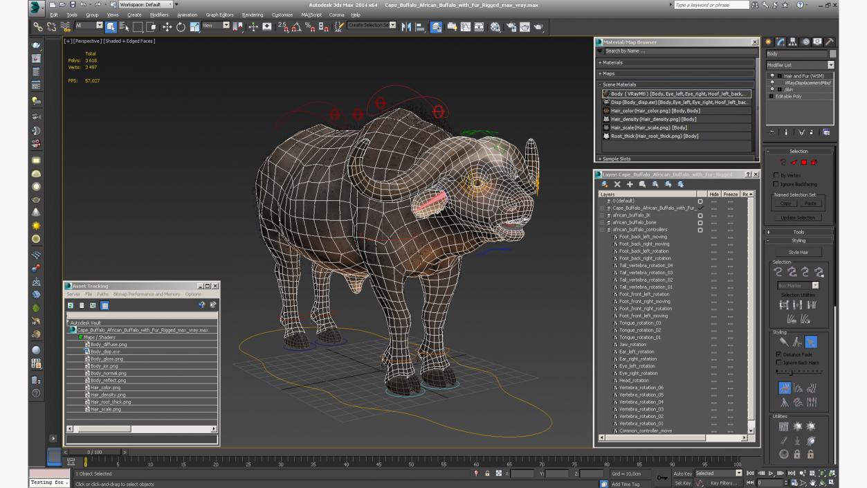 Cape Buffalo African Buffalo with Fur Rigged 3D model