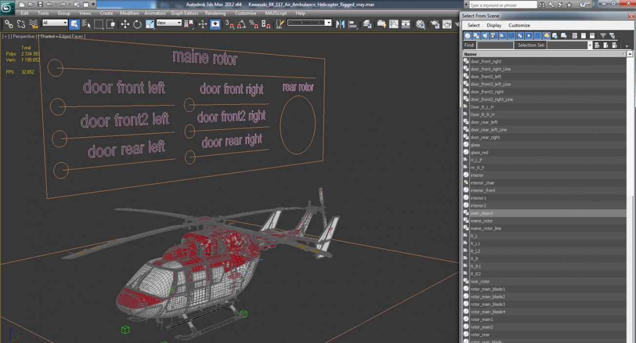 Kawasaki BK 117 Air Ambulance Helicopter Rigged 3D