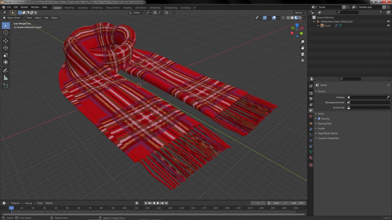 3D model Rolled Red Classic Plaid Scarf