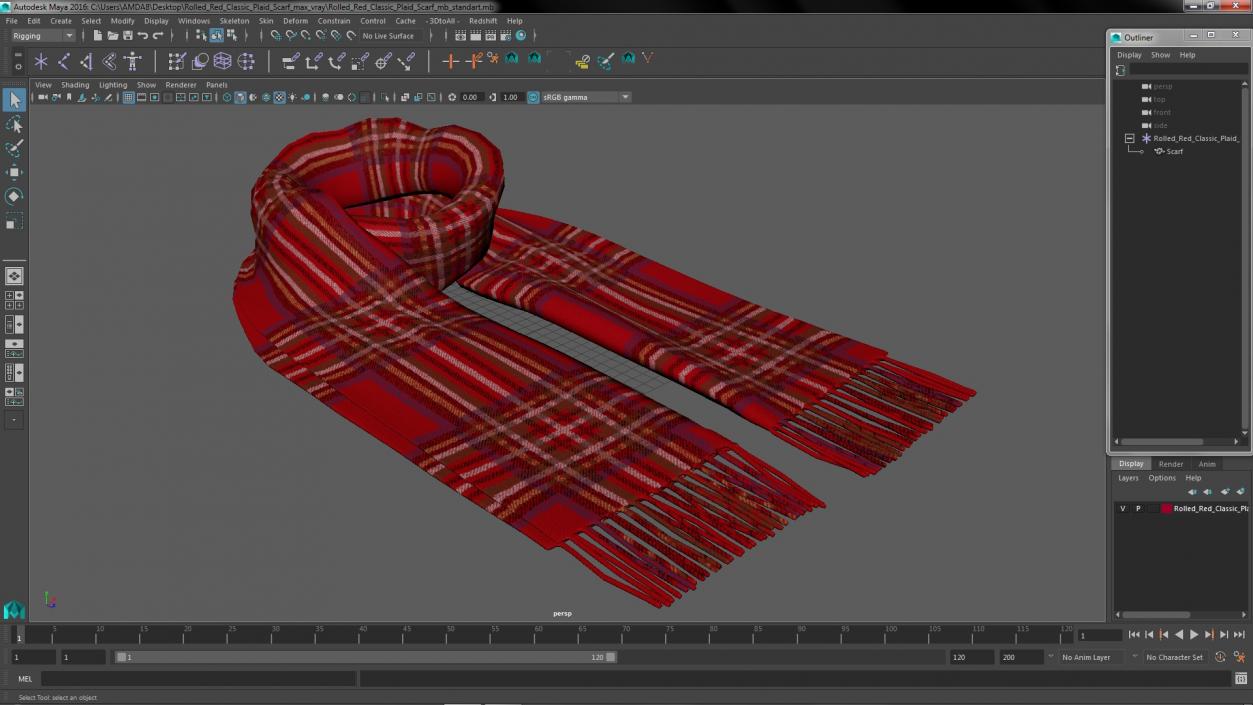 3D model Rolled Red Classic Plaid Scarf