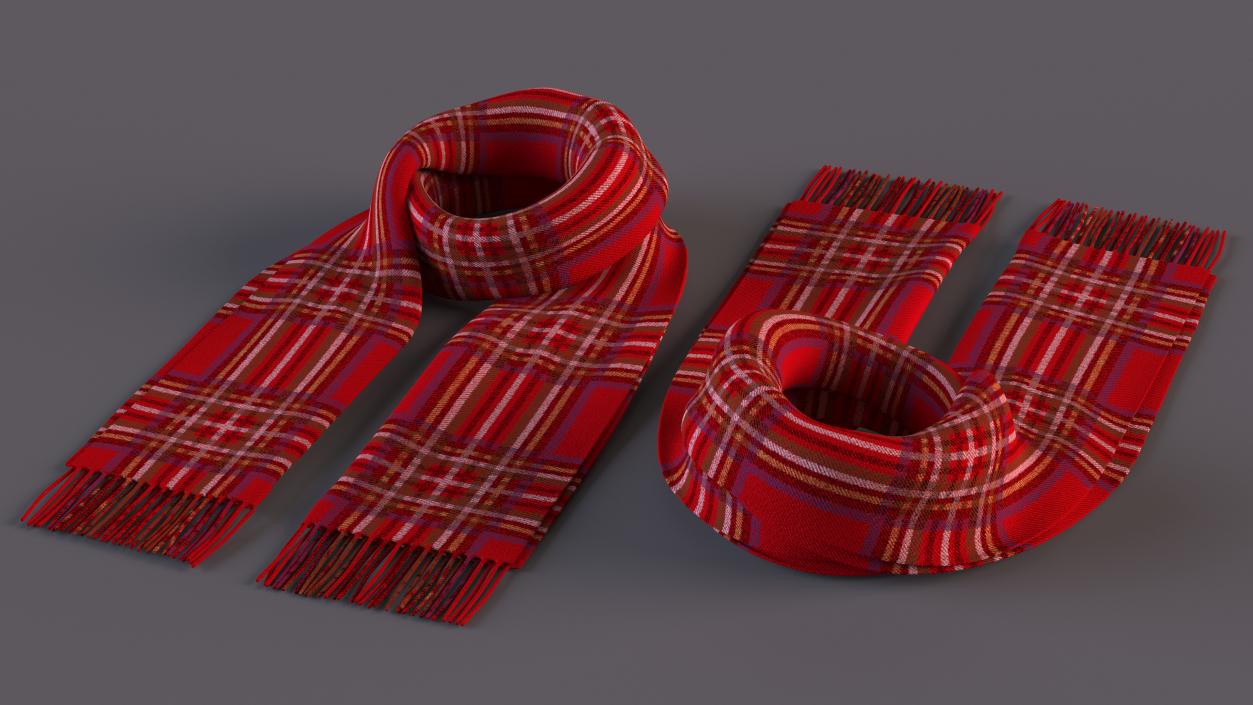 3D model Rolled Red Classic Plaid Scarf