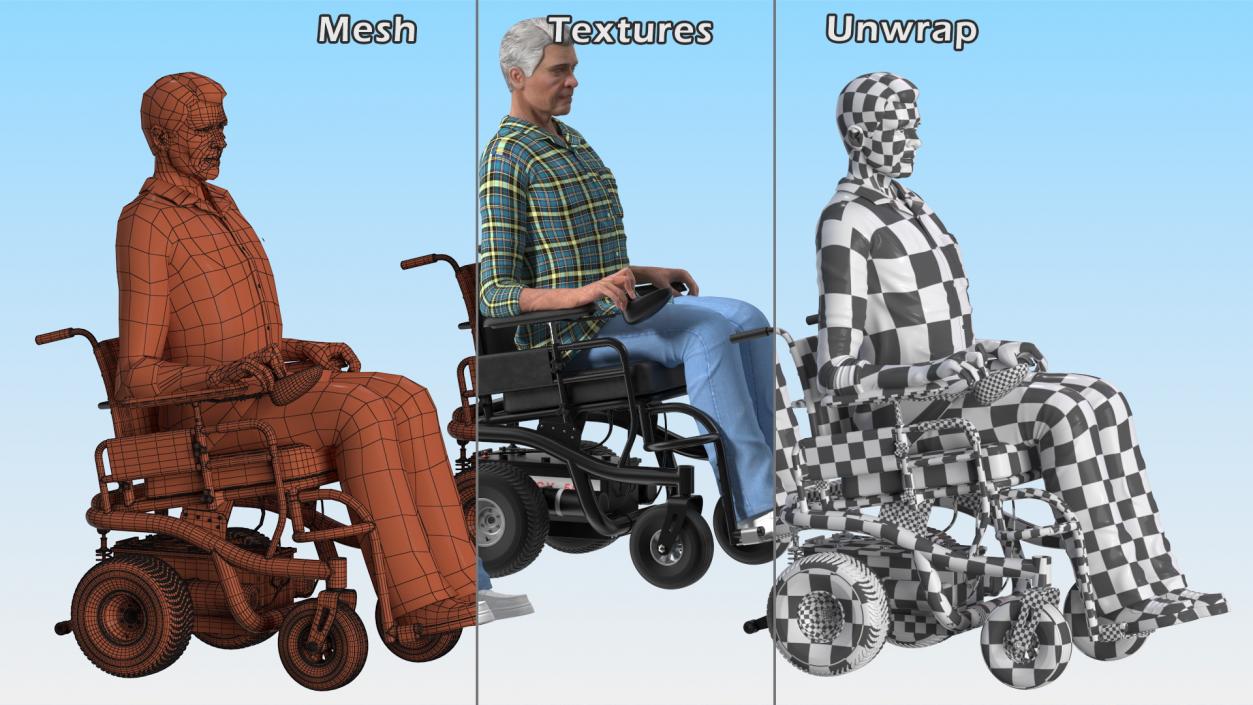 3D model Elderly Man Sitting in the Powered Wheelchair