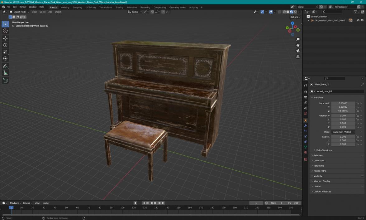 Old Western Piano Dark Wood 3D