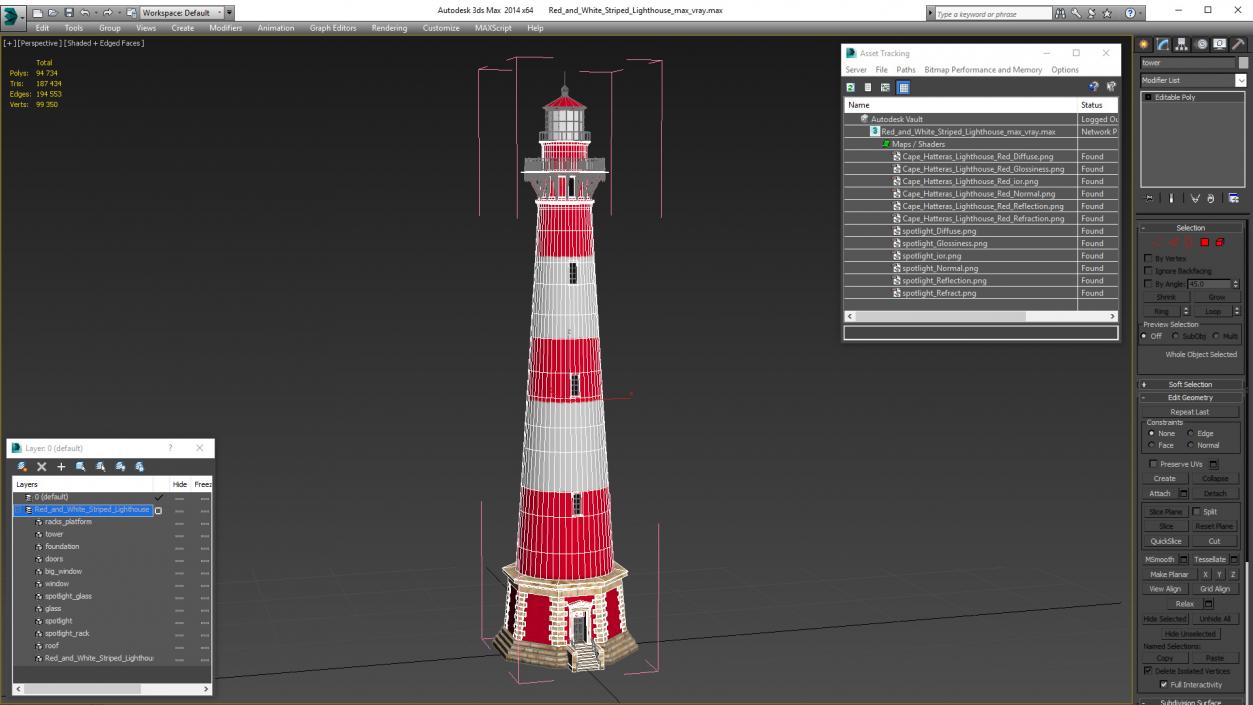 Red and White Striped Lighthouse 3D