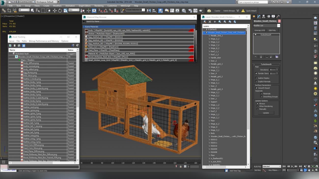 Wooden Small Chicken Coop with Chickens 3D model