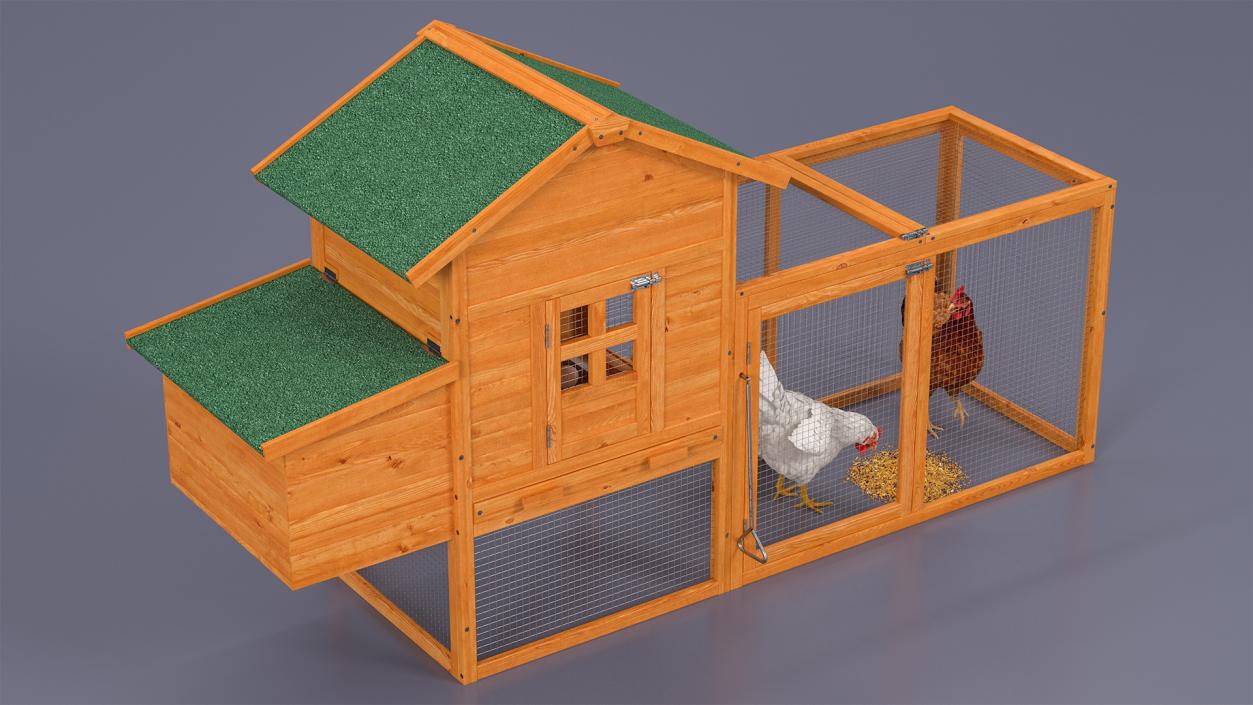 Wooden Small Chicken Coop with Chickens 3D model