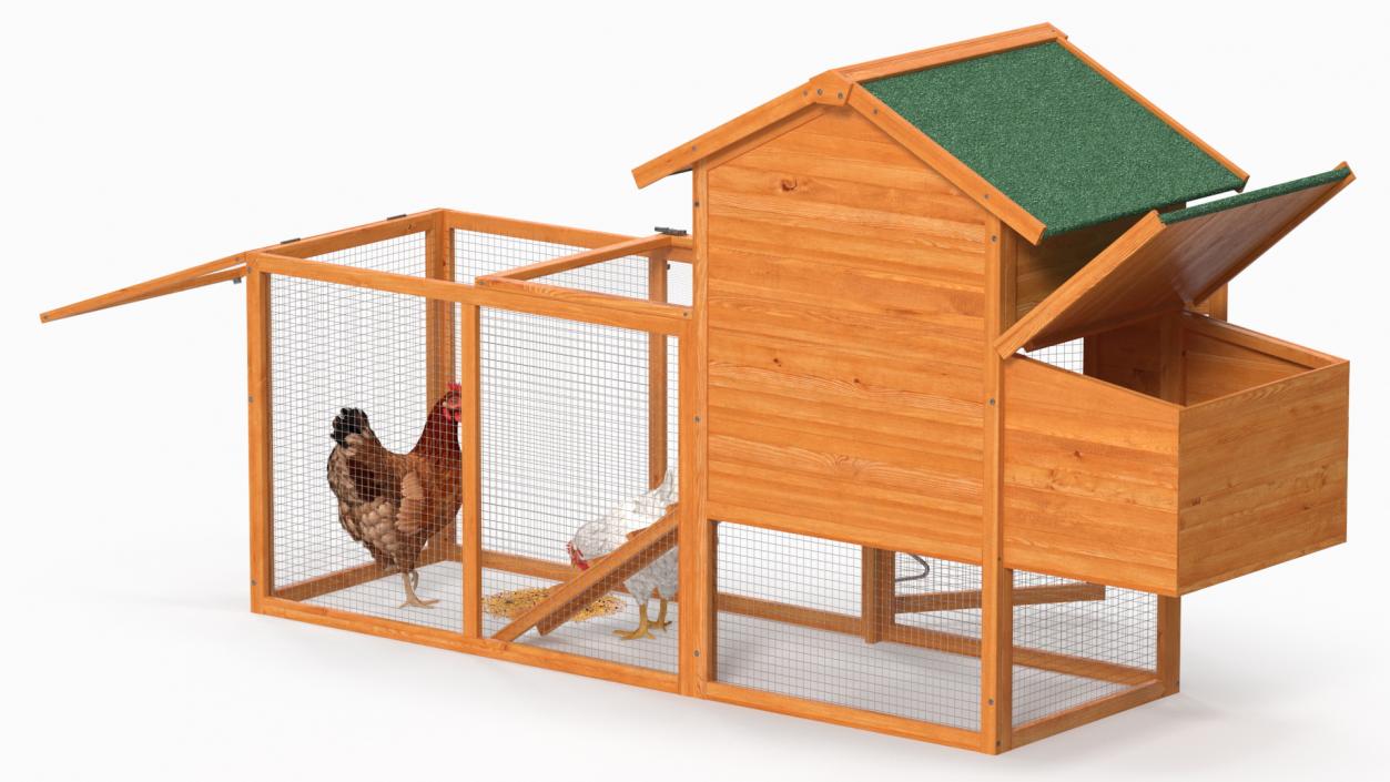 Wooden Small Chicken Coop with Chickens 3D model