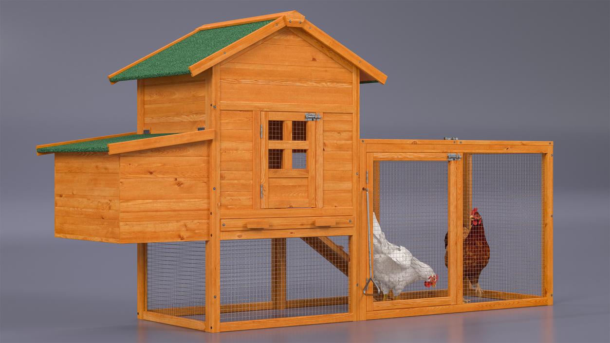 Wooden Small Chicken Coop with Chickens 3D model