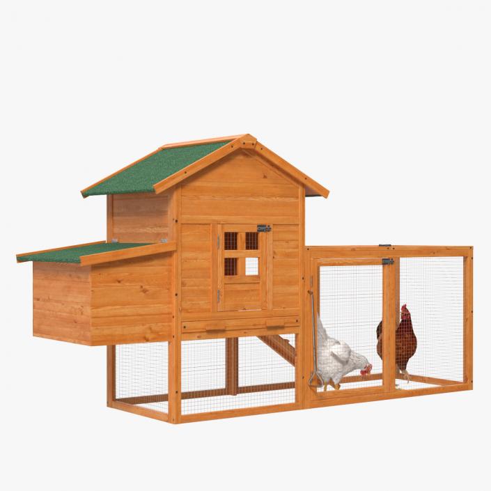 Wooden Small Chicken Coop with Chickens 3D model