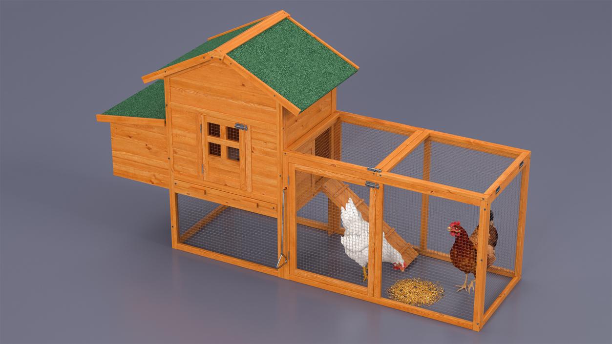 Wooden Small Chicken Coop with Chickens 3D model