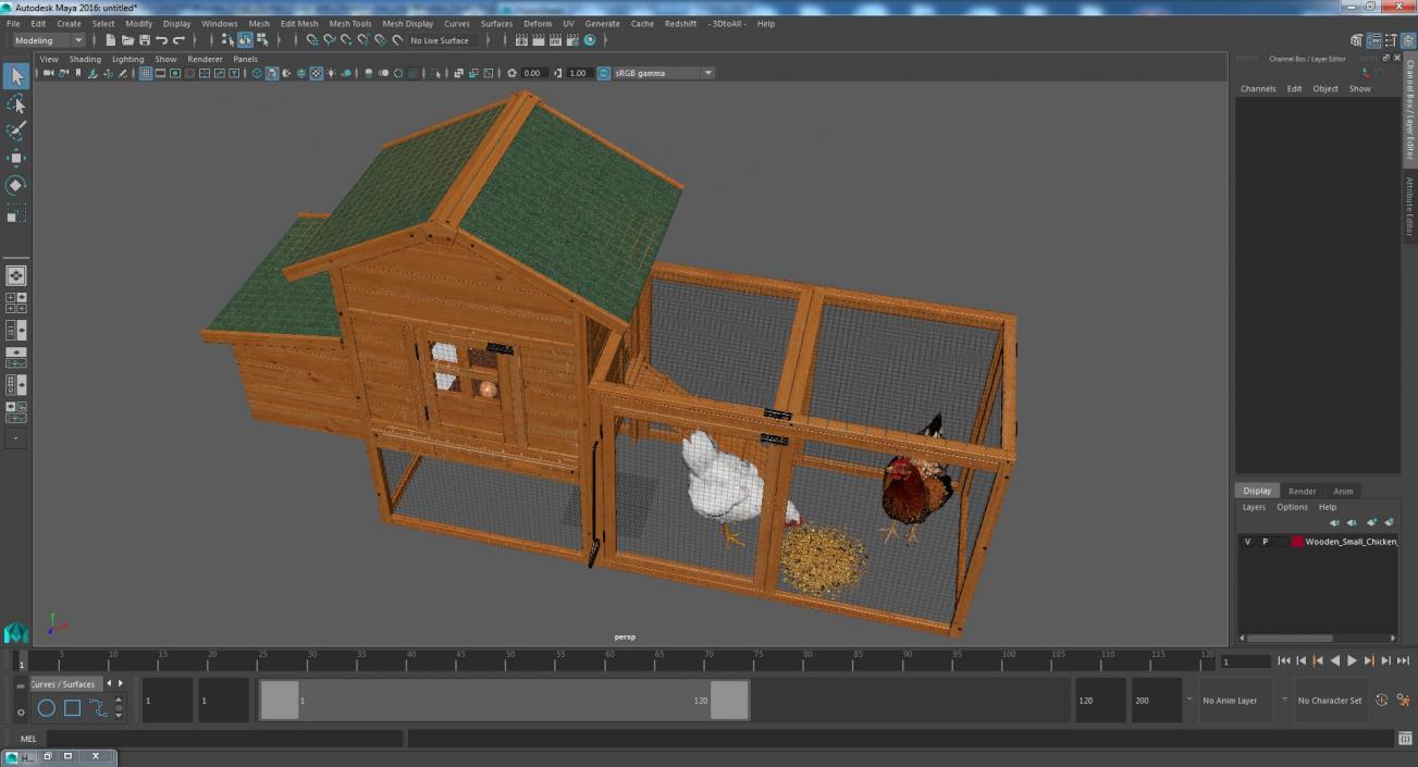 Wooden Small Chicken Coop with Chickens 3D model