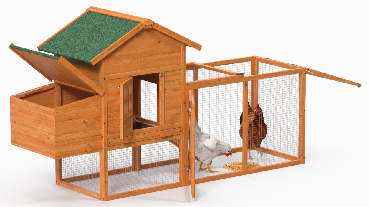 Wooden Small Chicken Coop with Chickens 3D model