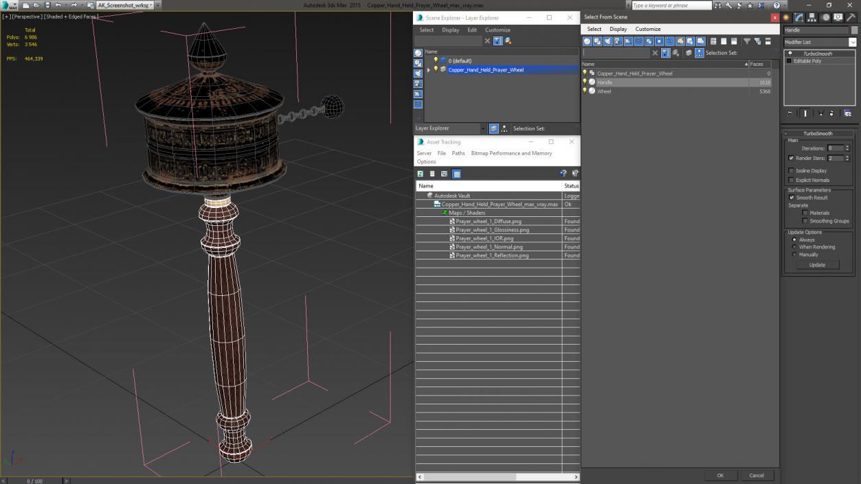 Copper Hand Held Prayer Wheel 3D model