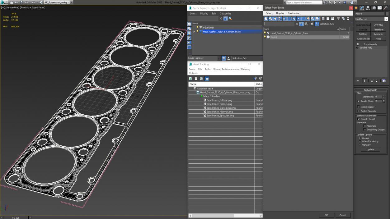 3D Head Gasket 325D 6 Cylinder Brass model