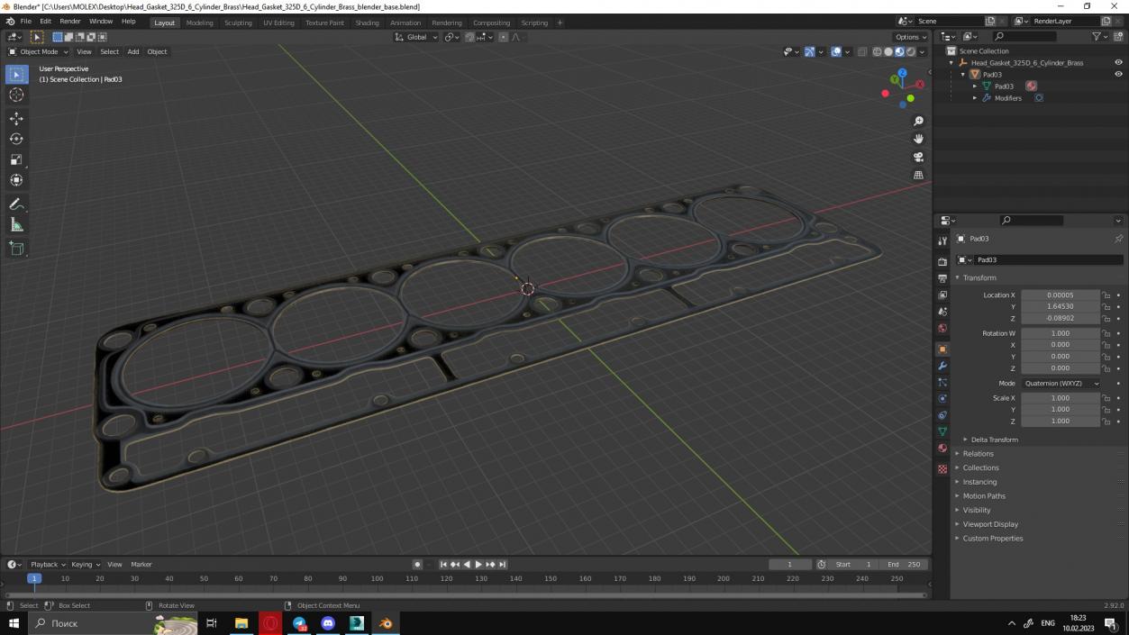 3D Head Gasket 325D 6 Cylinder Brass model