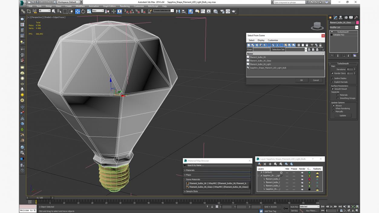 3D Sapphire Shape Filament LED Light Bulb model