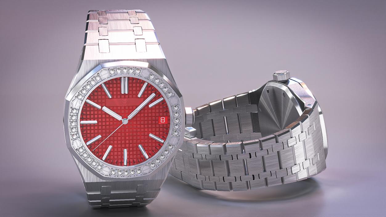 Luxury Royal Watch Red Stainless Steel Diamond-Set Chronograph 3D