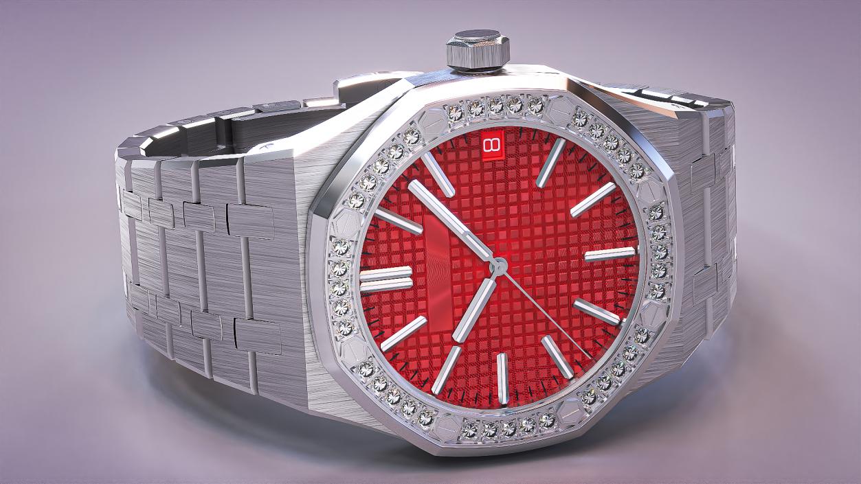 Luxury Royal Watch Red Stainless Steel Diamond-Set Chronograph 3D