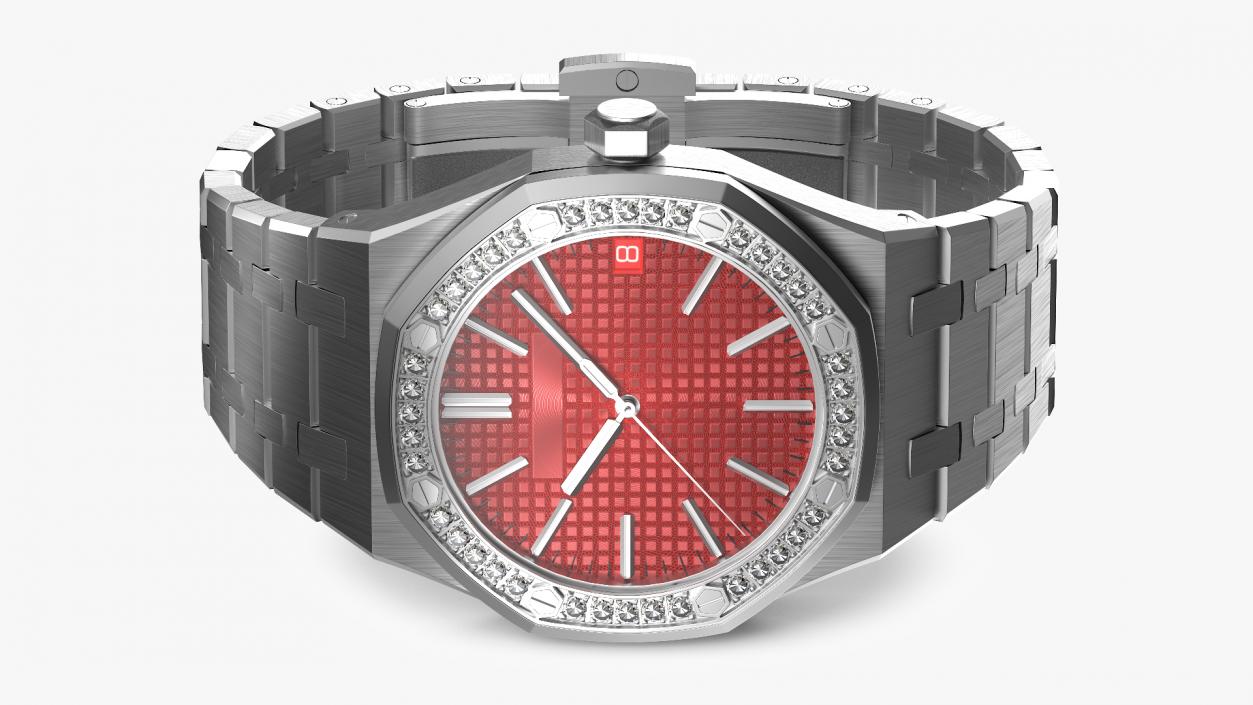 Luxury Royal Watch Red Stainless Steel Diamond-Set Chronograph 3D