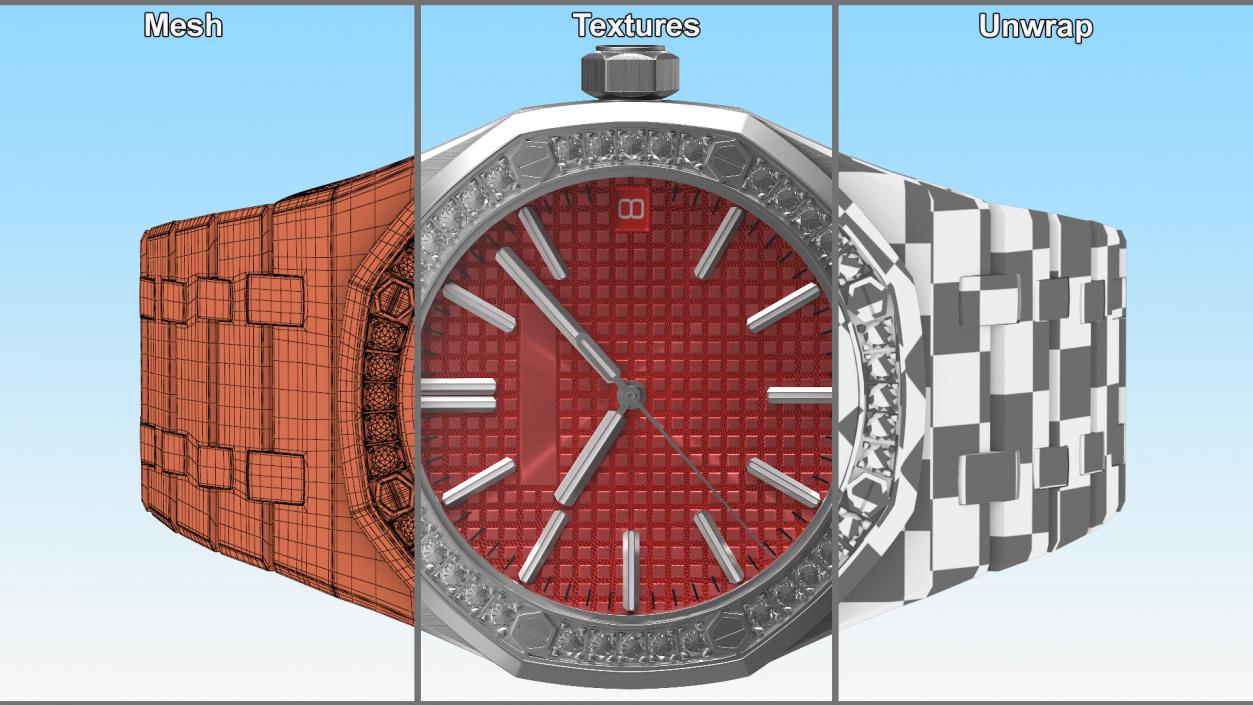 Luxury Royal Watch Red Stainless Steel Diamond-Set Chronograph 3D