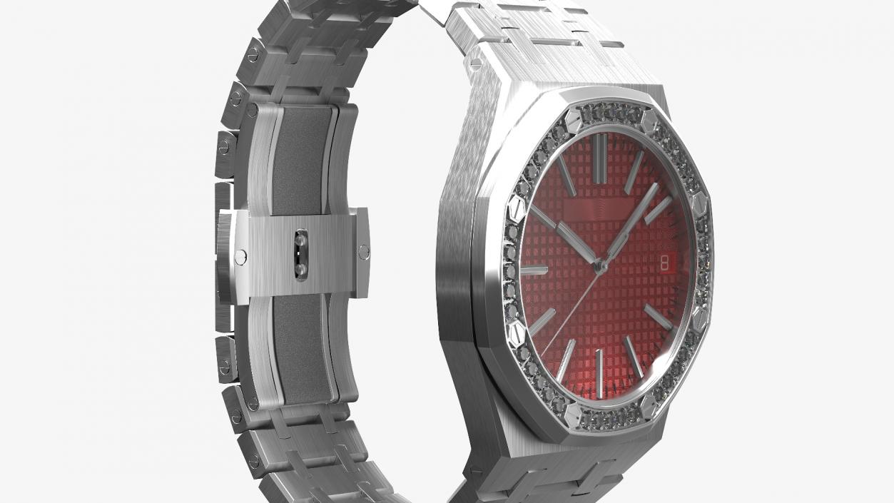 Luxury Royal Watch Red Stainless Steel Diamond-Set Chronograph 3D